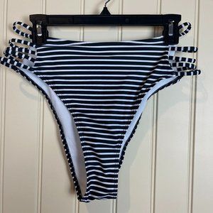 Marina Vida NWOT Women's Bikini Bottom Size XL Black White Stripe, Strappy Sides